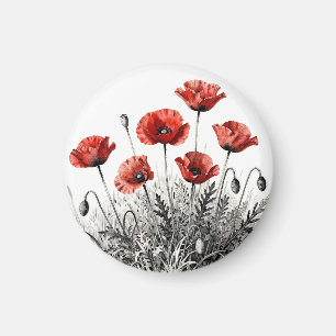 Aimant Prairie de fleurs de pavot rouge vibrant
