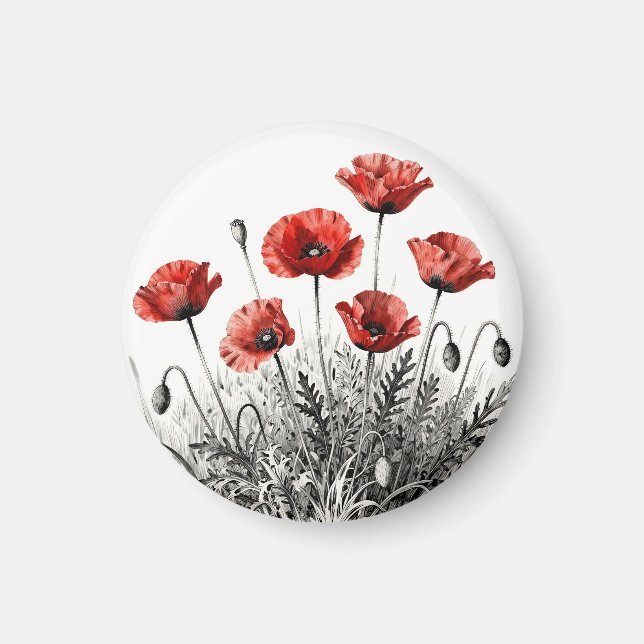 Aimant Prairie de fleurs de pavot rouge vibrant (Devant)