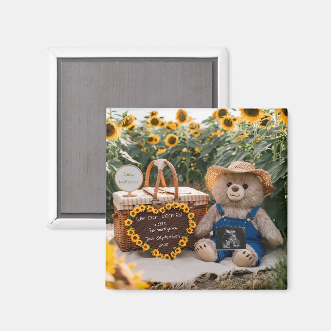 Aimant Pregnancy Announcement Sunflower teddy baby reveal (Recto/Verso)