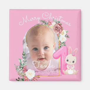 Aimant Premier Noël Rose Bébé Fille Photo floral