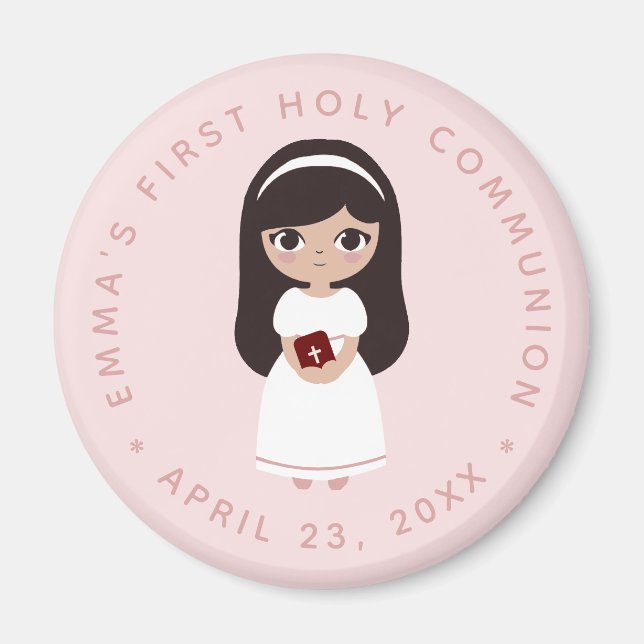 Aimant Première Communion Brunette Girl rose mignon catho (Devant)