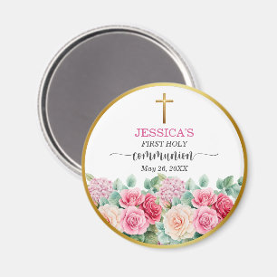 Aimant Première communion de fille Croix d'or Roses Flora
