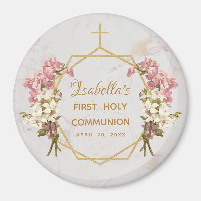 Aimant Première communion fleurs orchidées en marbre doré (Devant)