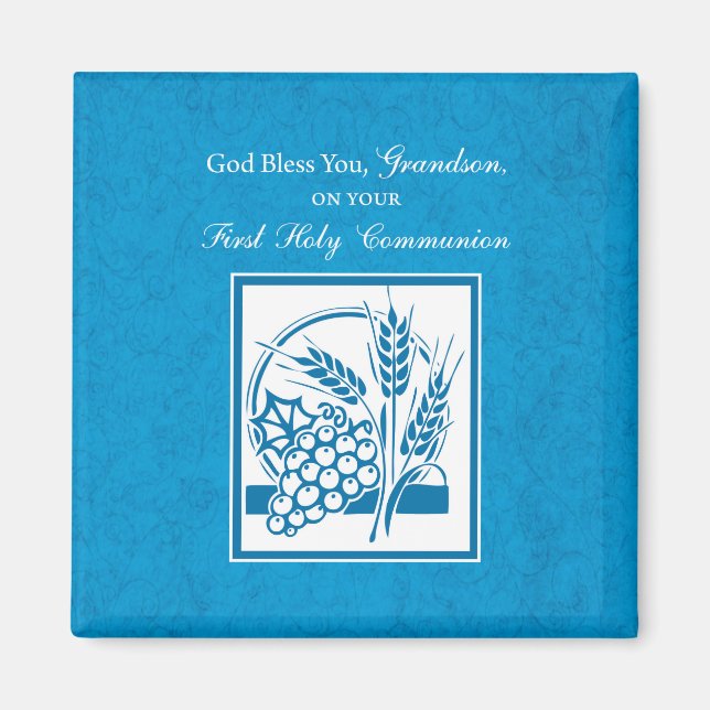 Aimant Première communion petit-fils Bleu, Blé, Raisins (Devant)