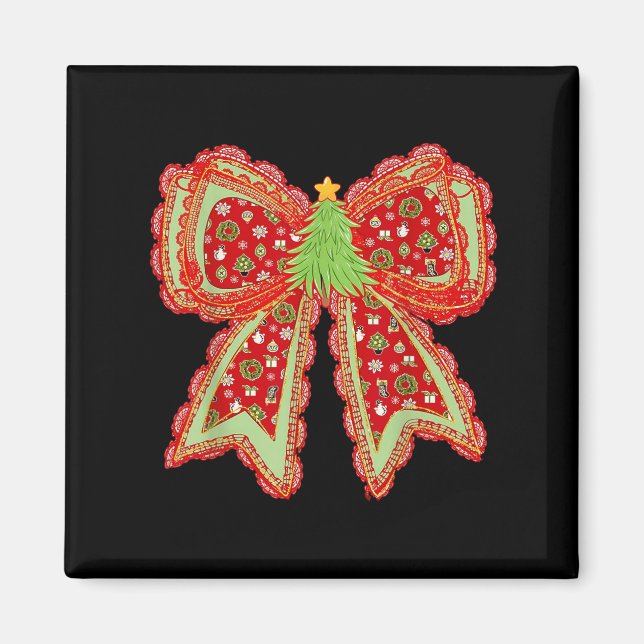 Aimant Preppy Xmas Coquette Bow Lace Joyeux Noël brillant (Devant)