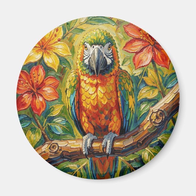 Aimant Pretty Colorful Impasto Parrot and Tropical Flower (Devant)