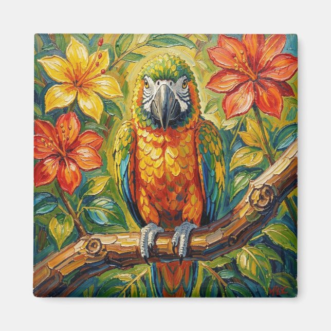 Aimant Pretty Colorful Impasto Parrot and Tropical Flower (Devant)