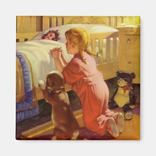 Aimant Prières au coucher, Fille avec chiot, Religion Vin (Devant)