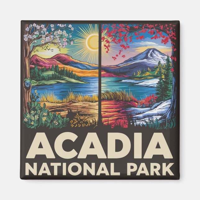 Aimant Printemps vs Automne Parc national Acadia Cadeau (Devant)