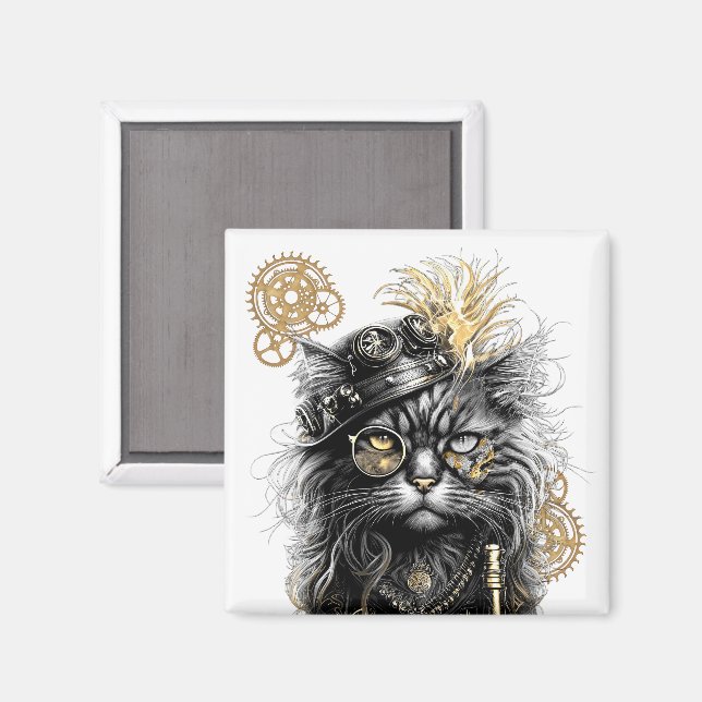 Aimant Professeur Sprocket-Paws Le Chat Steampunk Funky (Recto/Verso)