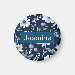 Aimant Professionnel Moderne Minimaliste Blue Floral Nom