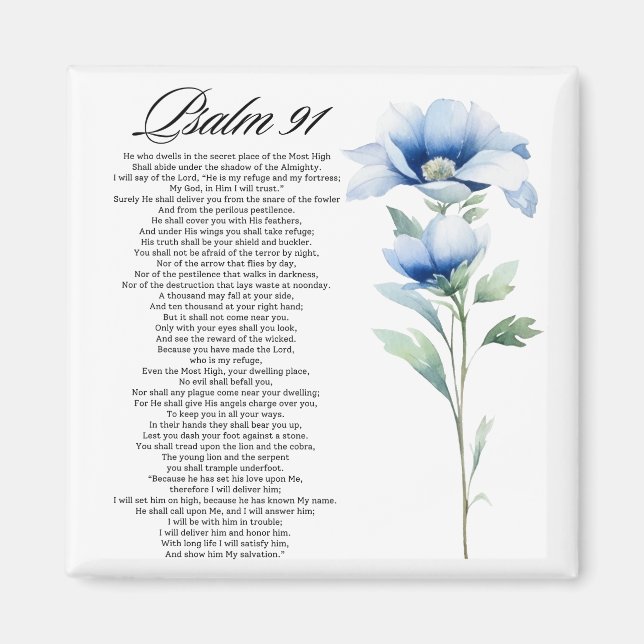 Aimant Psaume 91 Aquarelle Fleur Bleue Écritures Biblique (Devant)