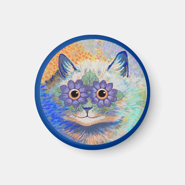 Aimant Psychedelic Cat, by Louis Wain,Button Keychain Mag (Devant)