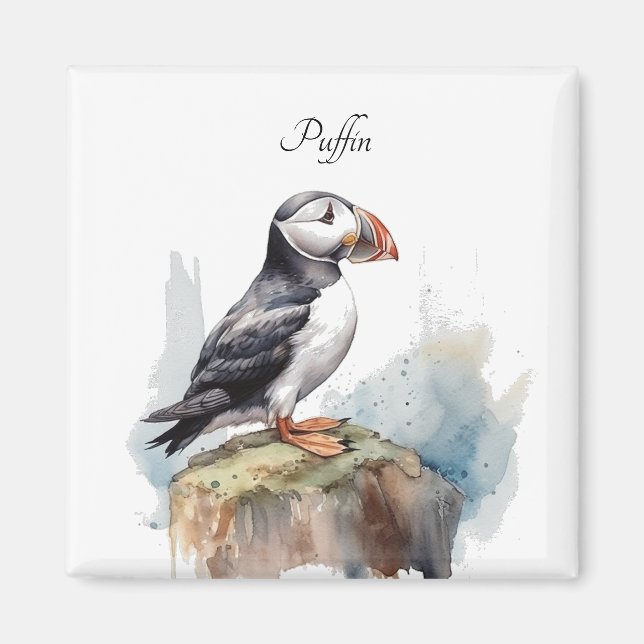 Aimant Puffin sur une aquarelle rocheuse, personnalisé (Devant)