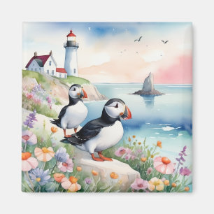Aimant Puffins by the Sea - Ocean Flowers & Lighthouse