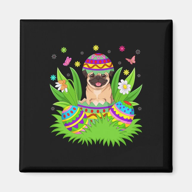 Aimant Pug Chiens Joyeuses Pâques Lapin Chasse aux œufs P (Devant)