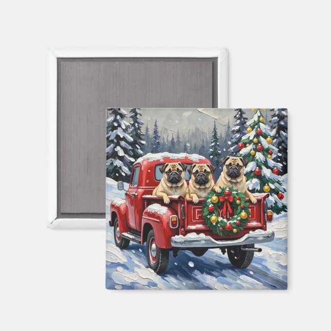 Aimant Pug Christmas Red Truck Holiday (Recto/Verso)