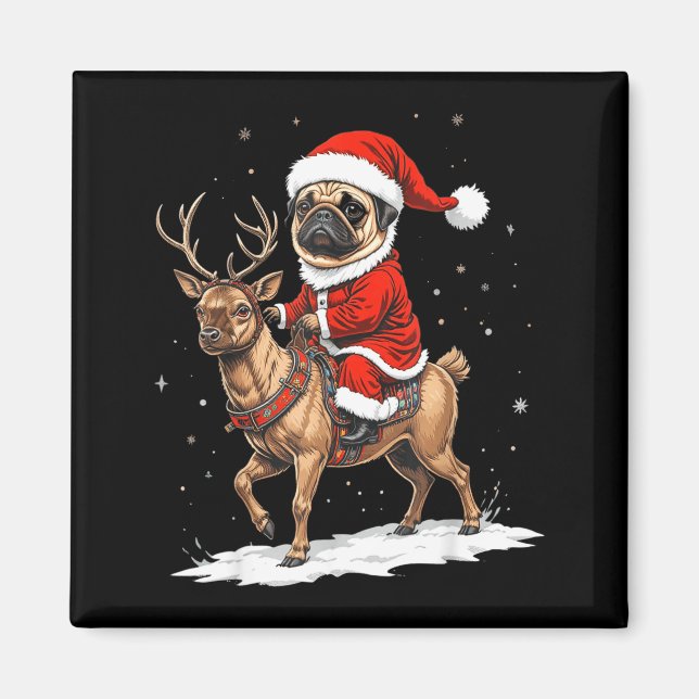 Aimant Pug Santa Riding Reindeer Christmas Holiday Puppy  (Devant)