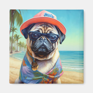 Aimant Pug sur la plage, cadeau d'été pour amateur de chi