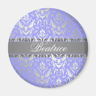 Aimant Purple Faux Shimmer Argent Damask avec votre nom