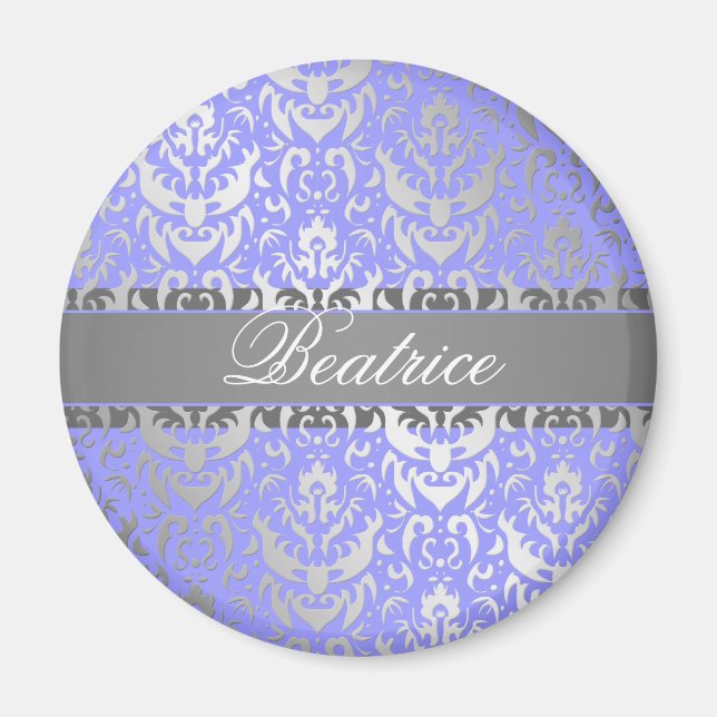 Aimant Purple Faux Shimmer Argent Damask avec votre nom (Devant)