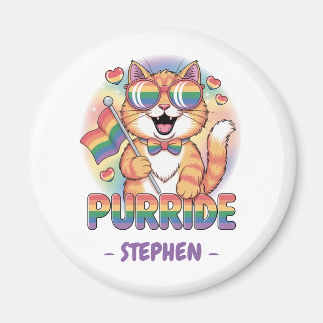 Aimant Purride - Chat orange avec drapeau LGBTQ Pride (Devant)
