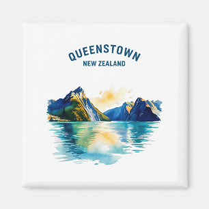 Aimant Queenstown Nouvelle-Zélande Aquarelle Vintage Scén