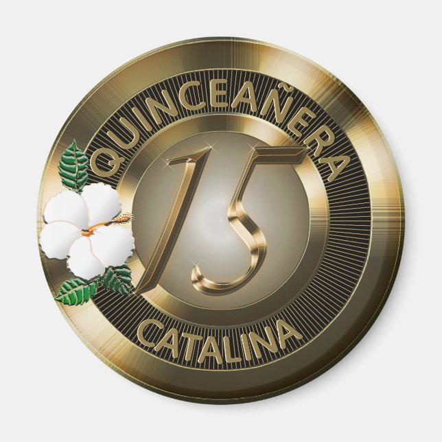 Aimant Quinceanera 15 Anniversaire Or Faux métal floral (Devant)