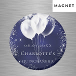 Aimant Quinceanera bleu marine argent ballon Enregistrer<br><div class="desc">Pour une Quinceañera, 15e anniversaire. Bleu bleu marine, la couleur bleue est inégale. Décoré de parties scintillant en faux argent, de mousseux et de ballons blancs. Personnalisez et ajoutez un nom. Lettres blanches. Peut être utilisé comme un garde-manger, une faveur de la fête ou un rappel Enregistrer la date pour...</div>