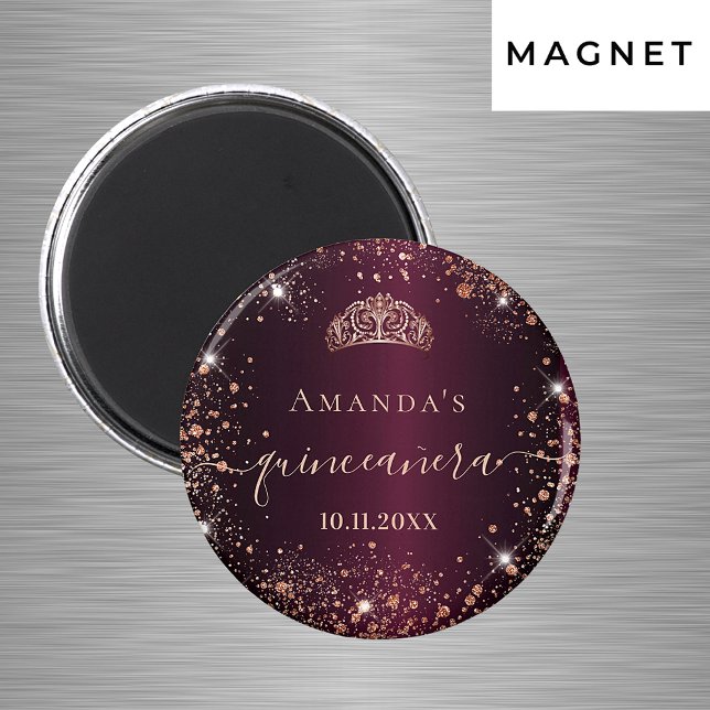 Aimant Quinceanera Bourgogne rose or tiara nom script (Créateur téléchargé)