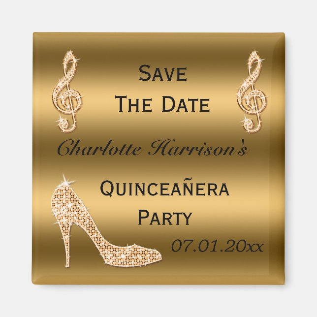 Aimant Quinceañera Glamour Enregistrer La Date Gold Stile (Devant)