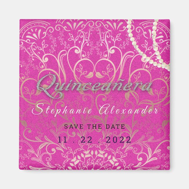 Aimant Quinceanera rose chaud Enregistrer la date perles, (Devant)