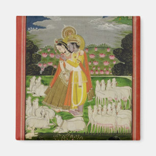 Aimant Radha et Krishna embrassent un paysage idéalisé