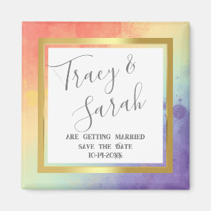 Aimant Rainbow Pride Gold Frame Wedding Enregistrer la da