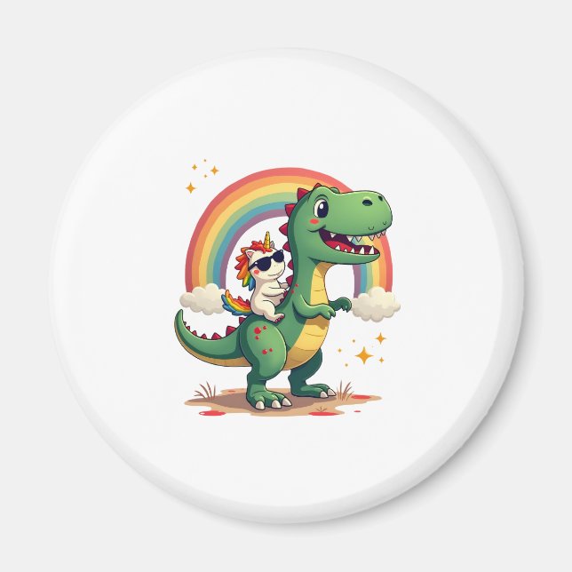 Aimant Rainbow Unicorn Riding T rex - Dinosaur Boys Girls (Devant)