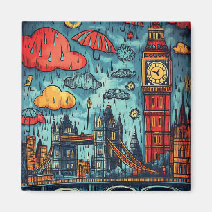 Aimant Rainy Day à Londres, Illustration colorée du Doodl