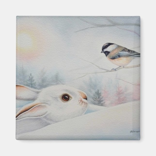 Aimant Raquette à neige Rabbit & Chickadee Oiseau Aquarel (Devant)