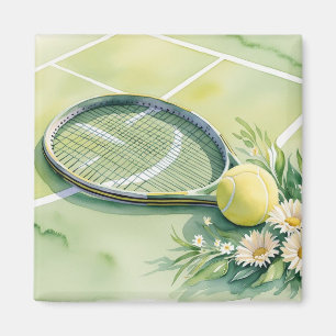 Aimant Raquette de tennis et aquarelle de fleurs