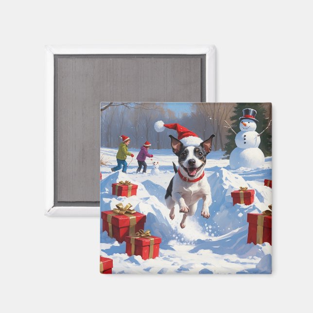Aimant Rat Terrier Courir en neige avec Casquette de Noël (Recto/Verso)