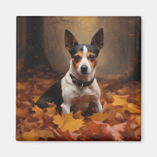 Aimant Rat Terrier dans les feuilles d'automne qui tomben