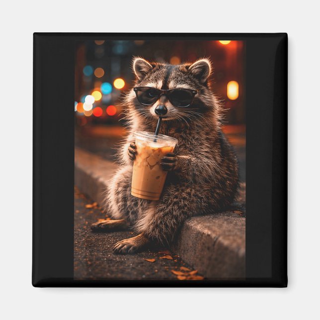 Aimant Raton laveur buvant un café glacé drôle (Devant)