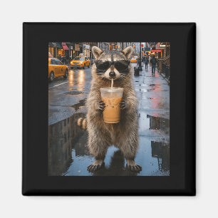 Aimant Raton laveur drôle buvant du café glacé mème anima