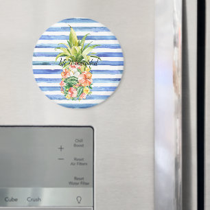 Aimant Rayures Blanches Bleues Fleur Tropicale Ananas