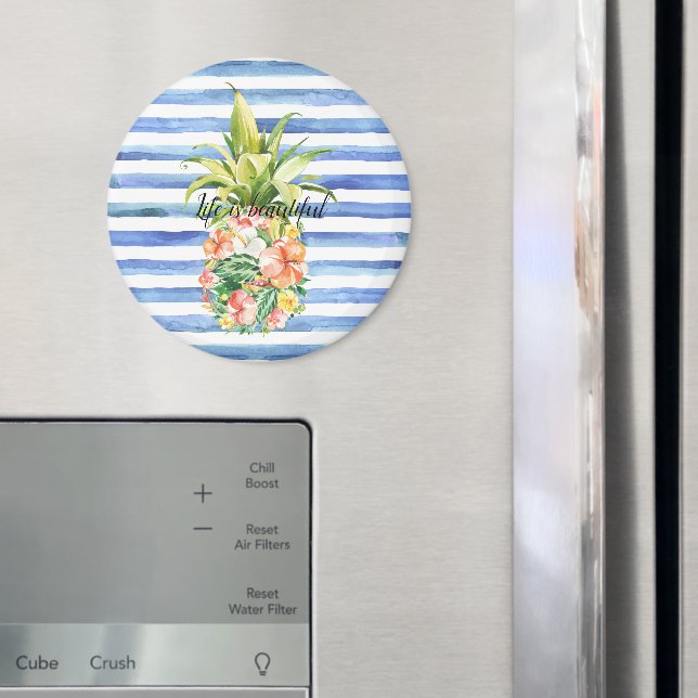 Aimant Rayures Blanches Bleues Fleur Tropicale Ananas (In situ (réfrigérateur))
