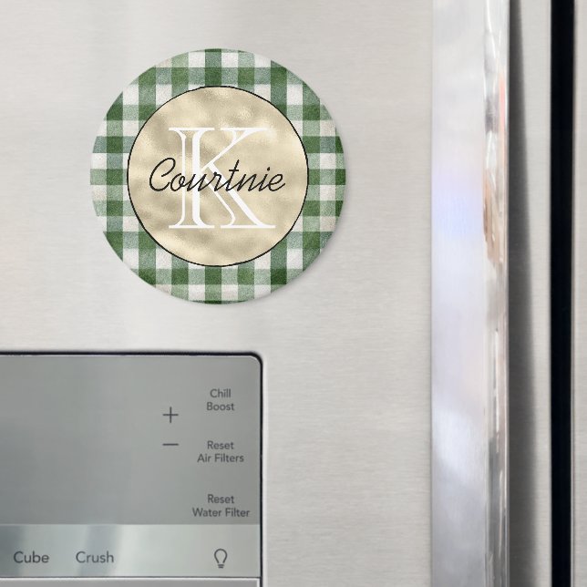 Aimant Rayures écossaises vert crème Monogramme or      (In situ (réfrigérateur))