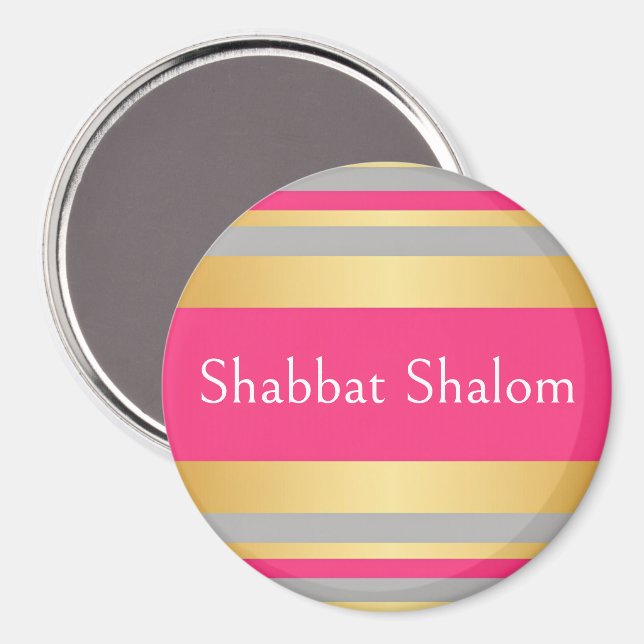 Aimant Rayures rose chaud gris or, Shabbat Shalom (Recto/Verso)
