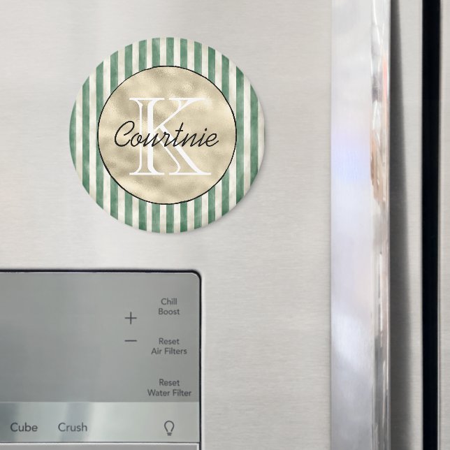 Aimant Rayures vertes crème Monogramme or      (In situ (réfrigérateur))
