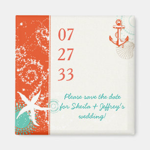 Aimant Red Aqua White Nautical Wedding Enregistrer la dat