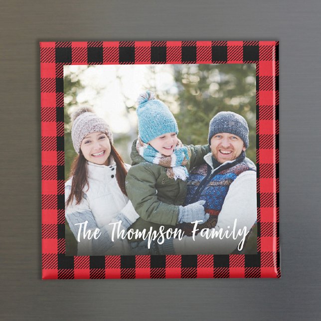 Aimant Red Christmas Photo Buffalo Check Custom (Simple buffalo check photo calligraphy script magnet.)