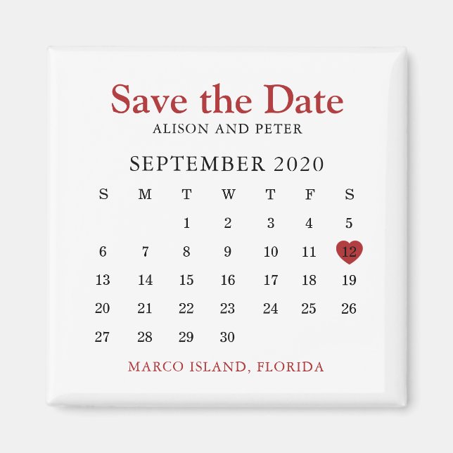 Aimant Red Heart Calendar Wedding Enregistrer la date (Devant)